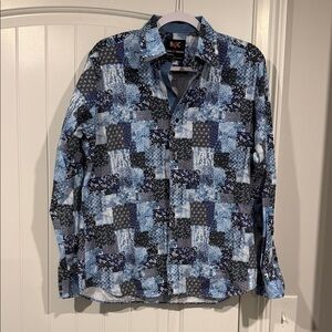B&C Collection Men’s Blue Patchwork-Print Button Down Shirt